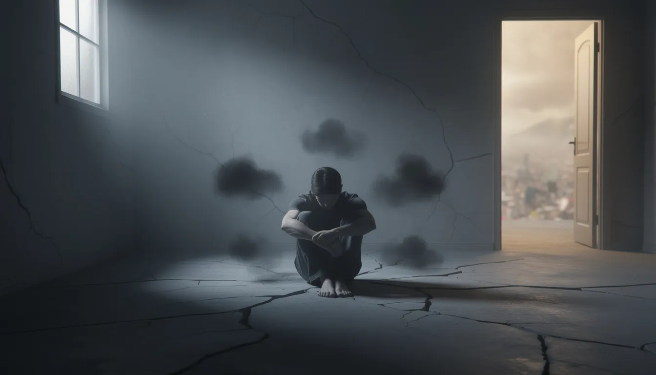 Somber Figure Sitting Alone in a Dimly Lit Room